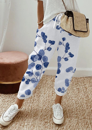 AS | Ležérní dámské kalhoty z bavlny a lnu s retro botanickým potiskem