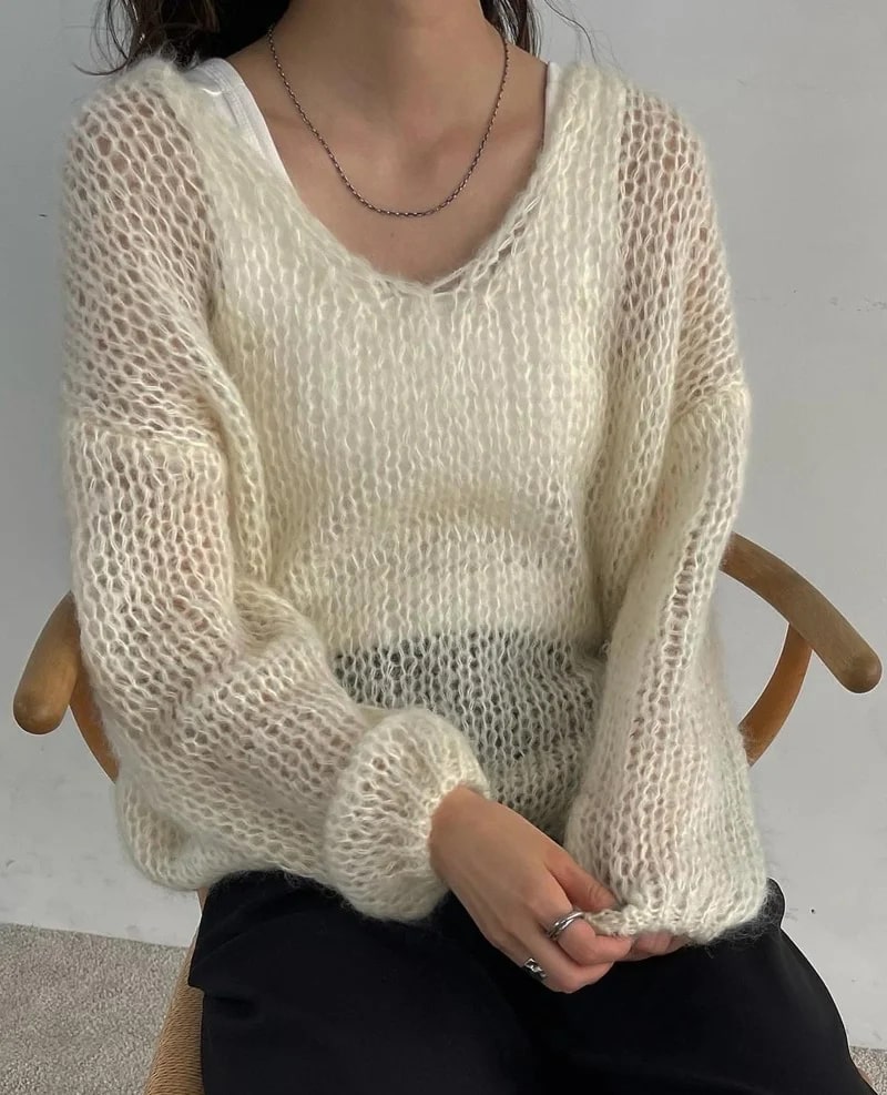 AS | Měkký pletený svetr topy V-Neck dlouhý rukáv volné Slim jednobarevný svetr