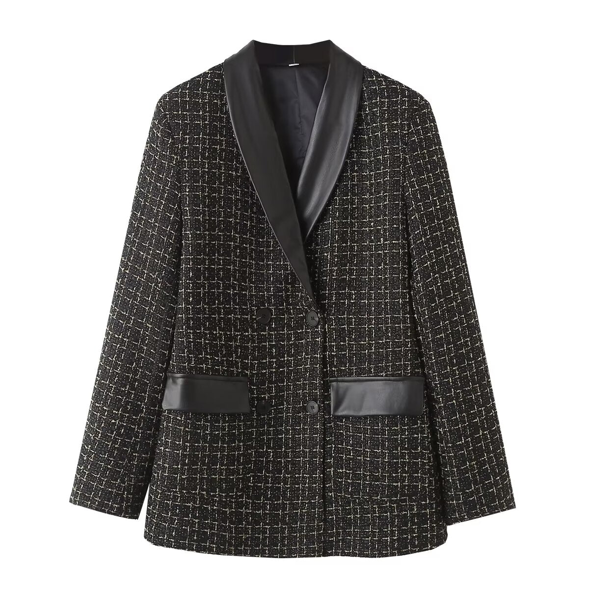 Slim Fit Printed Plaid Women's Jacket with Long Sleeves and Pockets