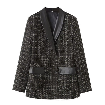 Slim Fit Printed Plaid Women's Jacket with Long Sleeves and Pockets