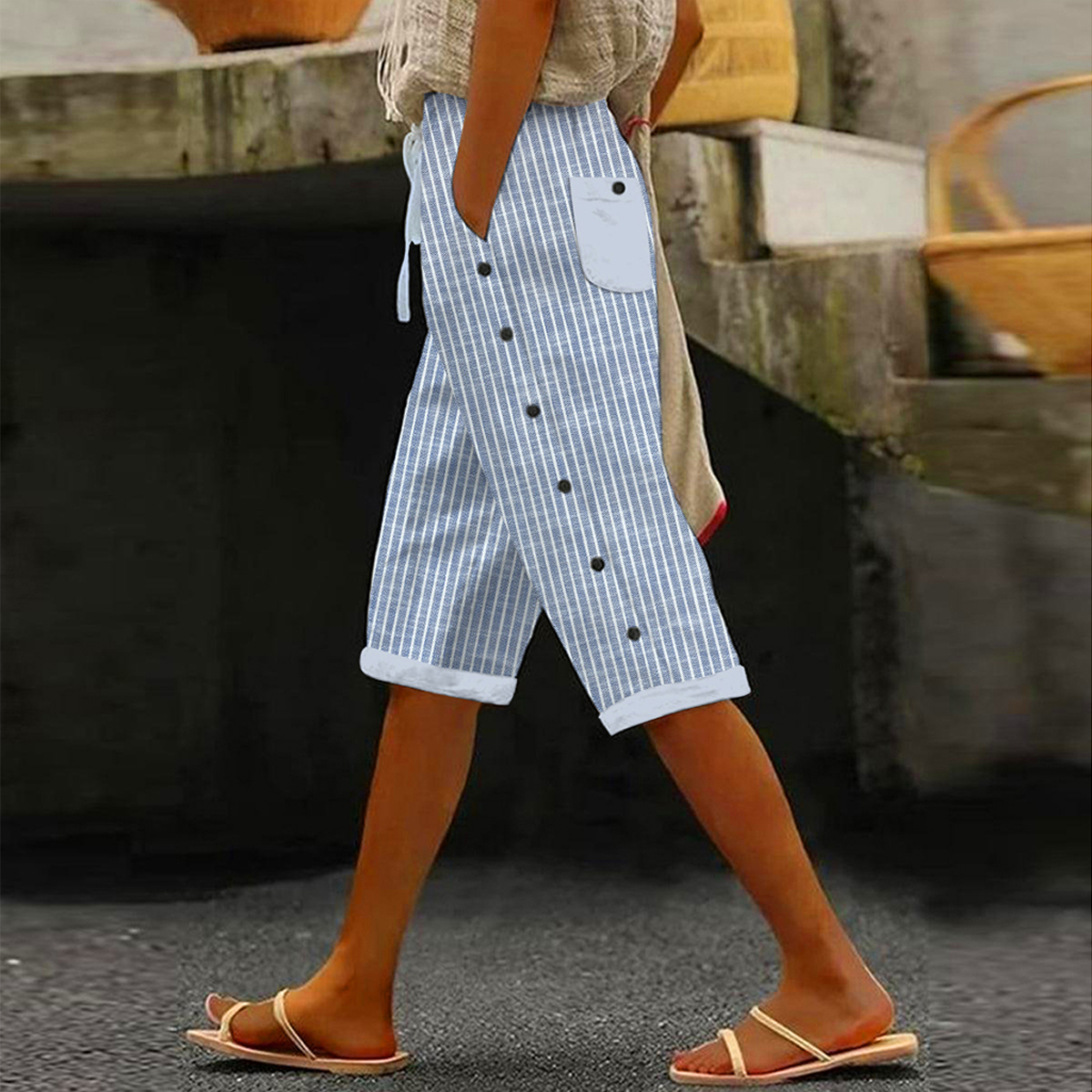 AS | Fresh Modré pruhované kalhoty s potiskem bočních kapes