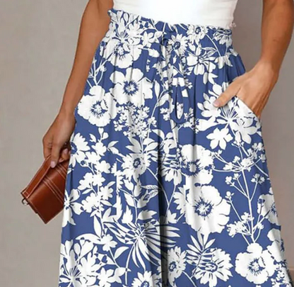 AS | Fresh Modré kalhoty s elastickým pasem a květinovým potiskem