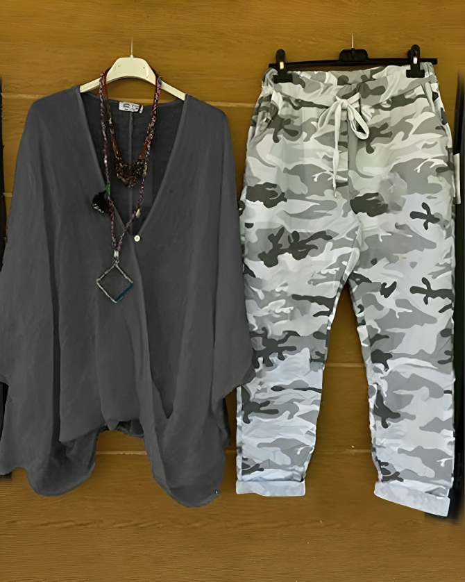 AS | Módní ležérní halenka a kalhoty s maskáčovým potiskem pro ženy