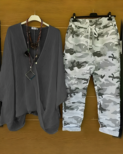 AS | Módní ležérní halenka a kalhoty s maskáčovým potiskem pro ženy