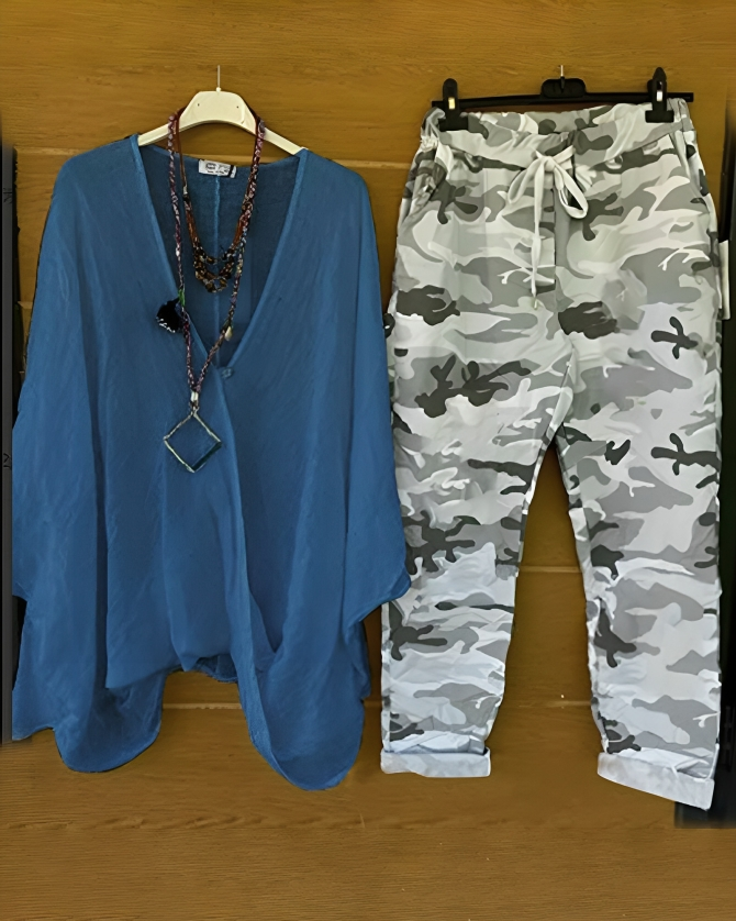 AS | Módní ležérní halenka a kalhoty s maskáčovým potiskem pro ženy