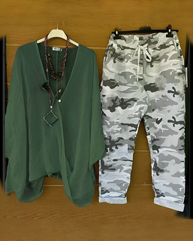 AS | Módní ležérní halenka a kalhoty s maskáčovým potiskem pro ženy