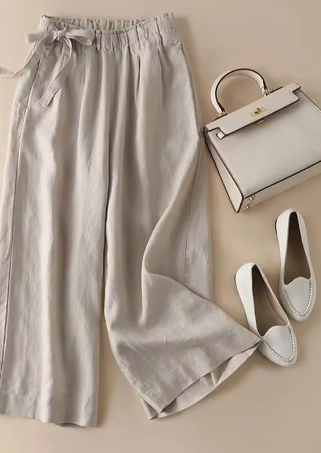 AS | Kalhoty rovného střihu s khaki mašlí a vysokým elastickým pasem