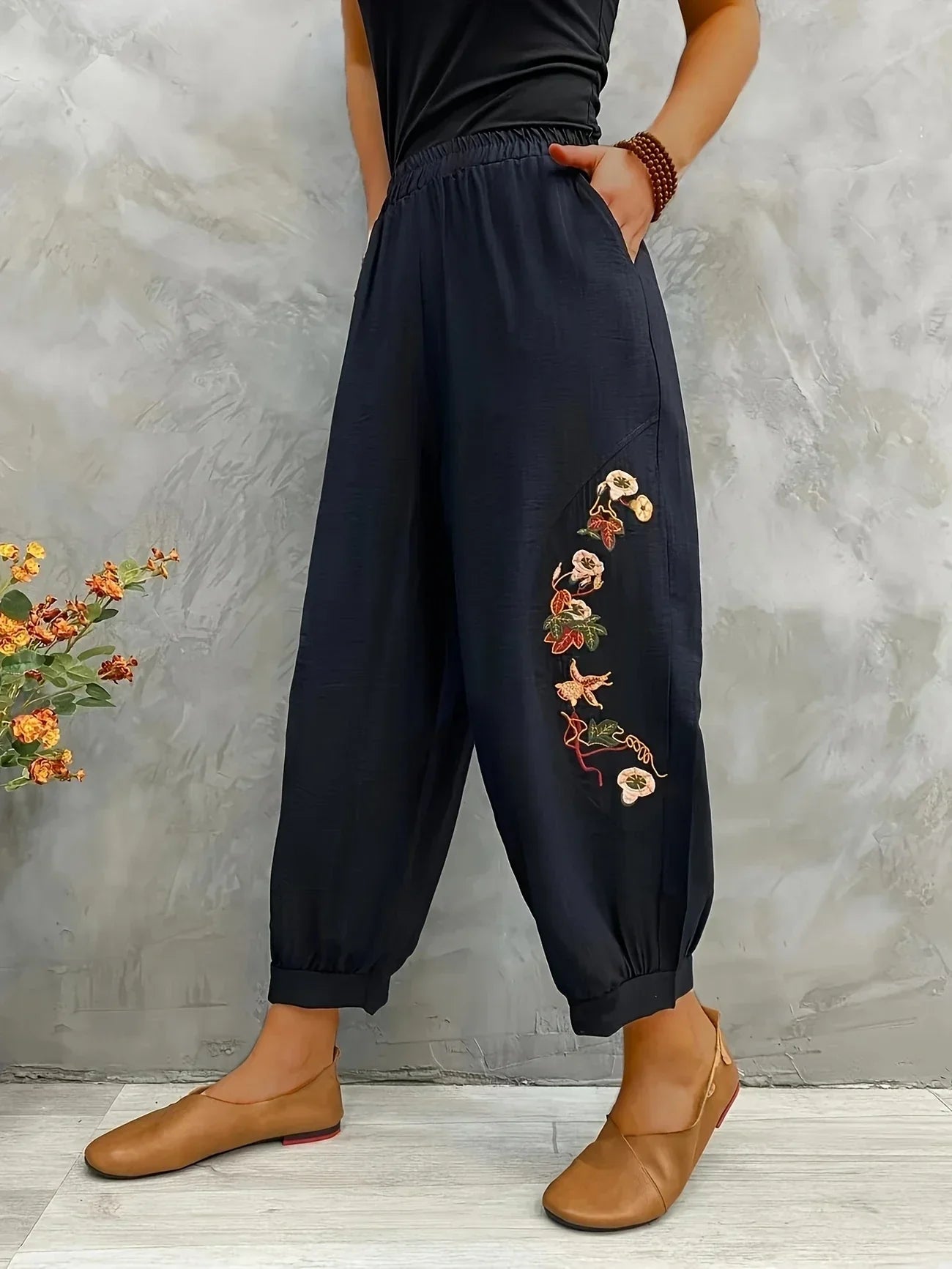 AS | Elegantní ležérní kalhoty s květinovou výšivkou pro ženy