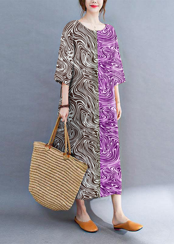 AS | Moderní barevný blok Volné O-Neck tisk Letní boční otevřené šaty s polovičními rukávy