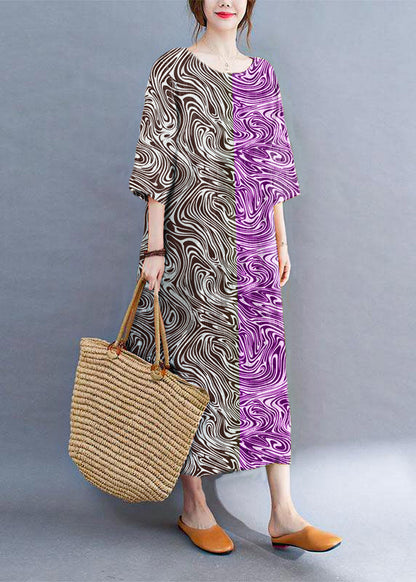 AS | Moderní barevný blok Volné O-Neck tisk Letní boční otevřené šaty s polovičními rukávy