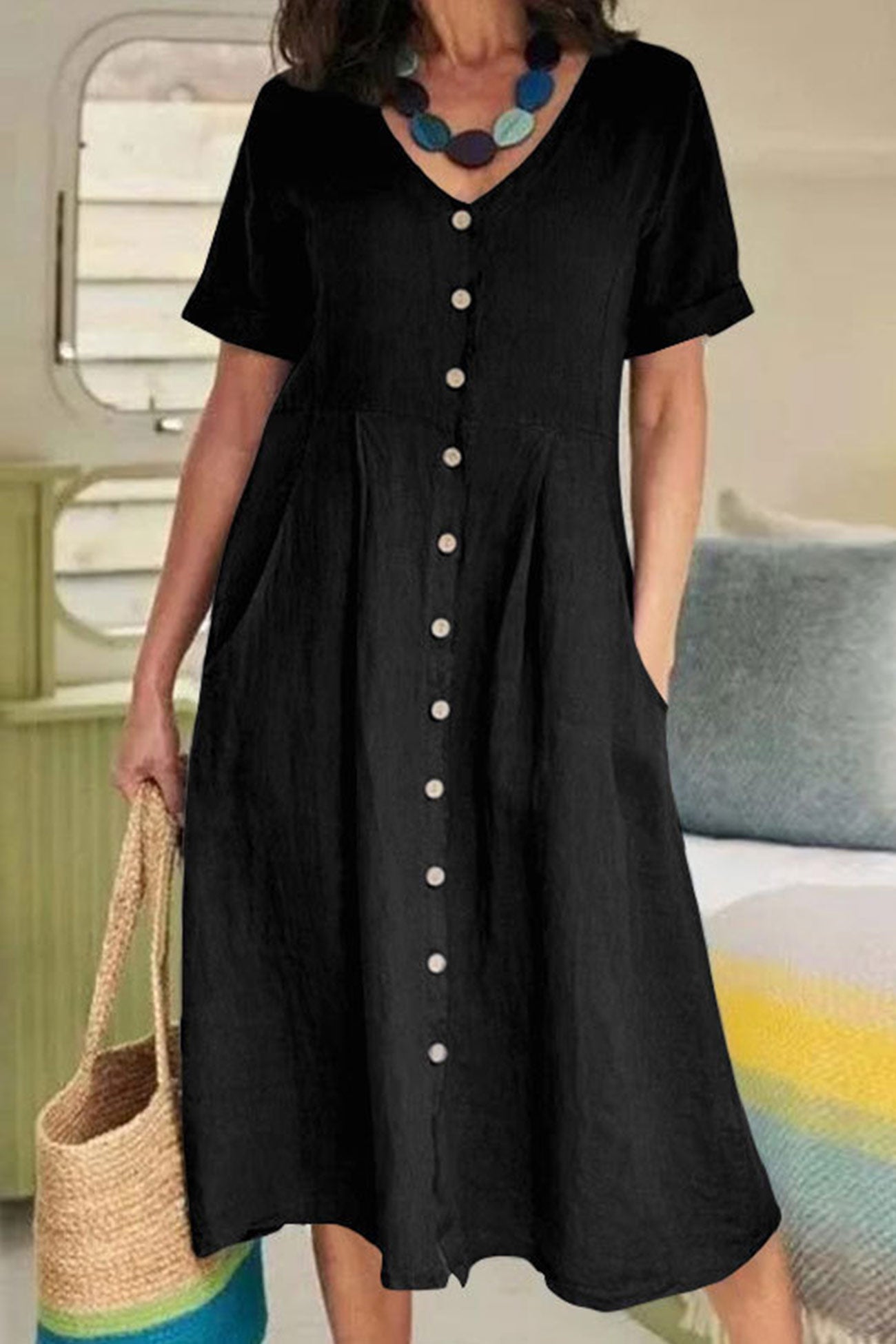 AS | Bavlněné plátěné šaty s knoflíky Midi Dress