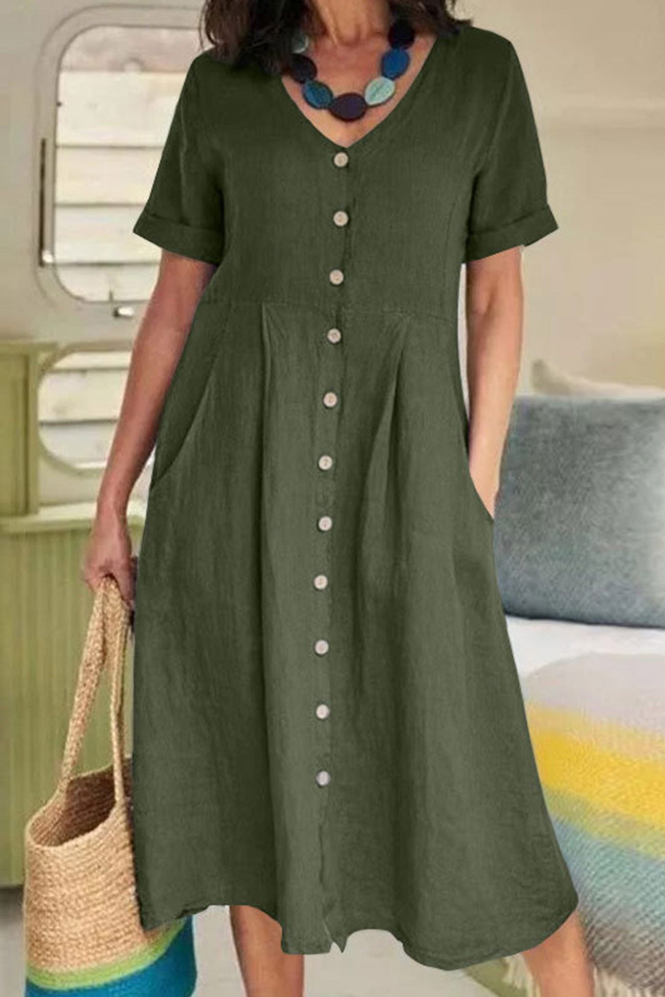 AS | Bavlněné plátěné šaty s knoflíky Midi Dress