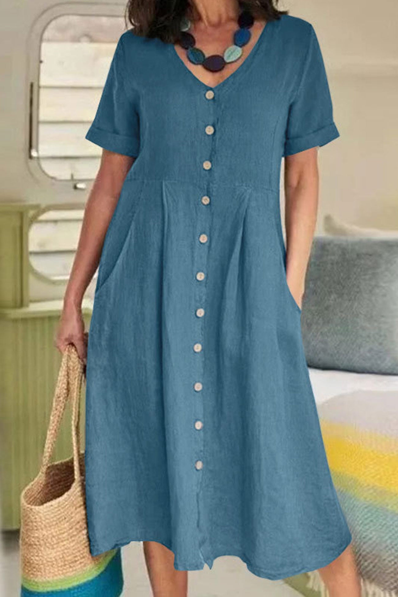 AS | Bavlněné plátěné šaty s knoflíky Midi Dress
