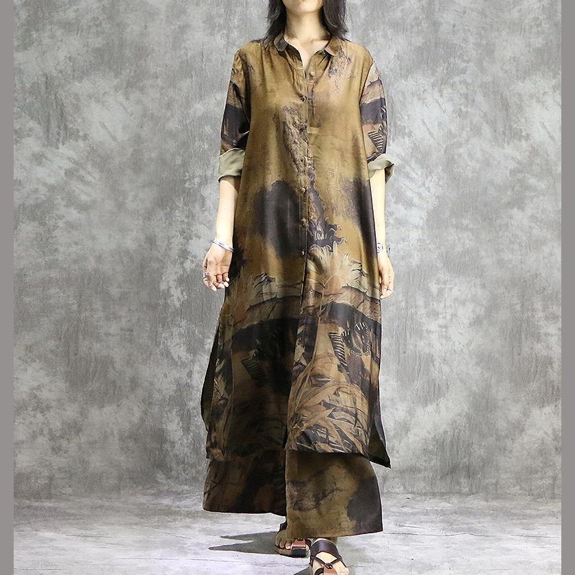 AS | Elegantní široké kalhoty hedvábné tuniky žluté dvoudílné plus velikost šaty letní potisky