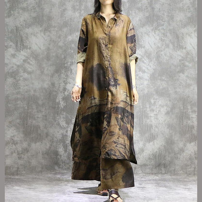 AS | Elegantní široké kalhoty hedvábné tuniky žluté dvoudílné plus velikost šaty letní potisky