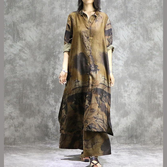 AS | Elegantní široké kalhoty hedvábné tuniky žluté dvoudílné plus velikost šaty letní potisky