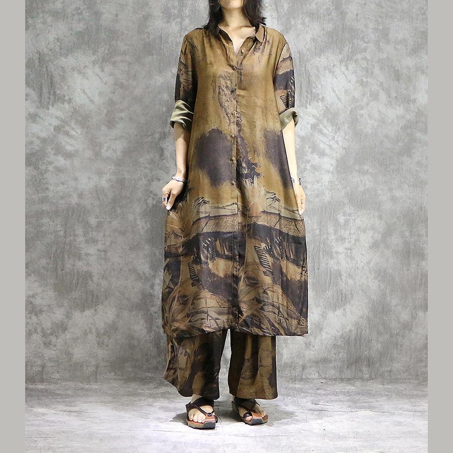 AS | Elegantní široké kalhoty hedvábné tuniky žluté dvoudílné plus velikost šaty letní potisky