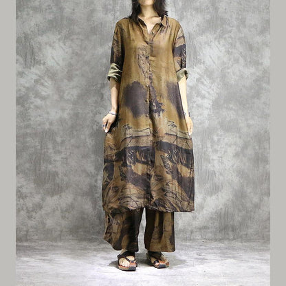 AS | Elegantní široké kalhoty hedvábné tuniky žluté dvoudílné plus velikost šaty letní potisky