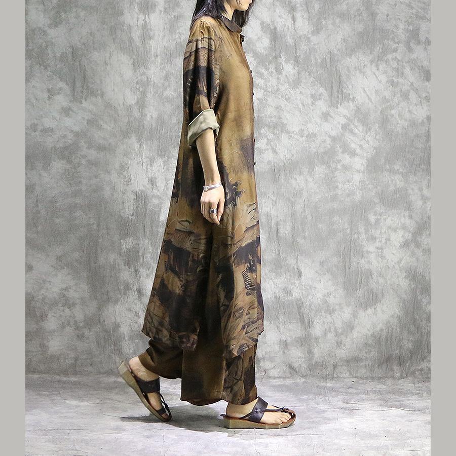 AS | Elegantní široké kalhoty hedvábné tuniky žluté dvoudílné plus velikost šaty letní potisky