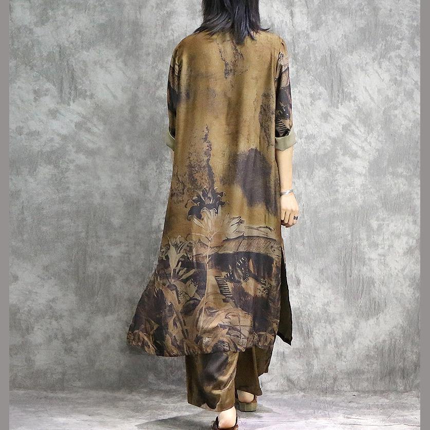 AS | Elegantní široké kalhoty hedvábné tuniky žluté dvoudílné plus velikost šaty letní potisky