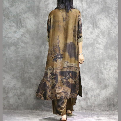 AS | Elegantní široké kalhoty hedvábné tuniky žluté dvoudílné plus velikost šaty letní potisky