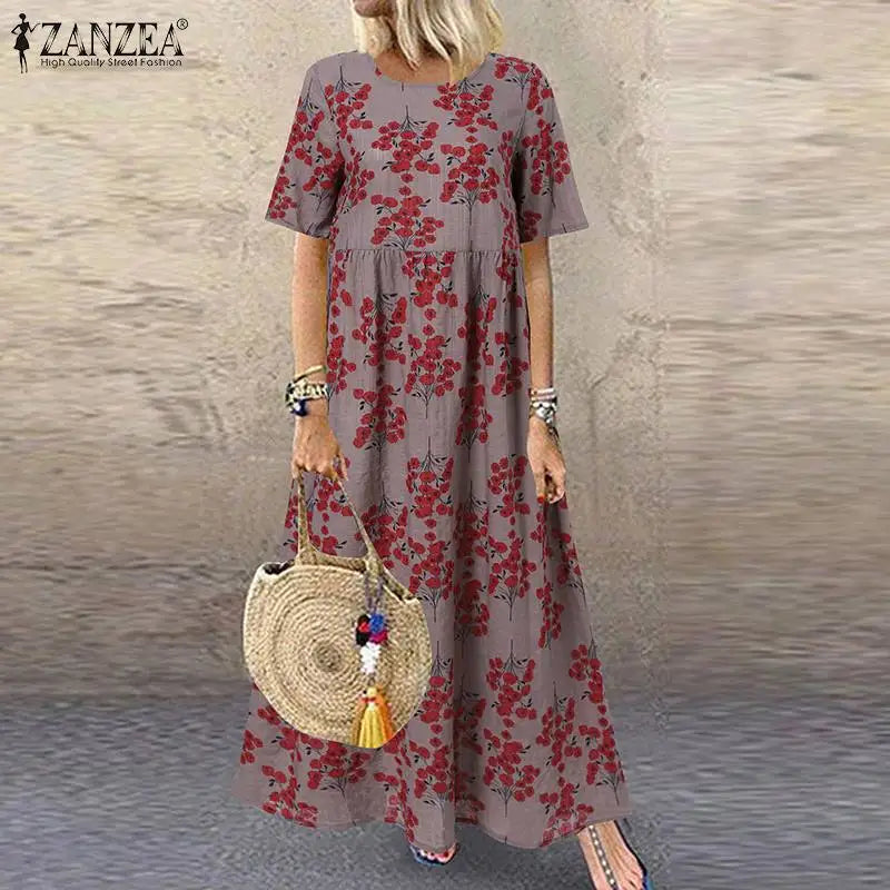 AS | 2024 ZANZEA Dámské bohémské šaty s krátkým rukávem a květinovým potiskem O Neck Holiday Kaftan Vestido Baggy Dress Letní dlouhé šaty