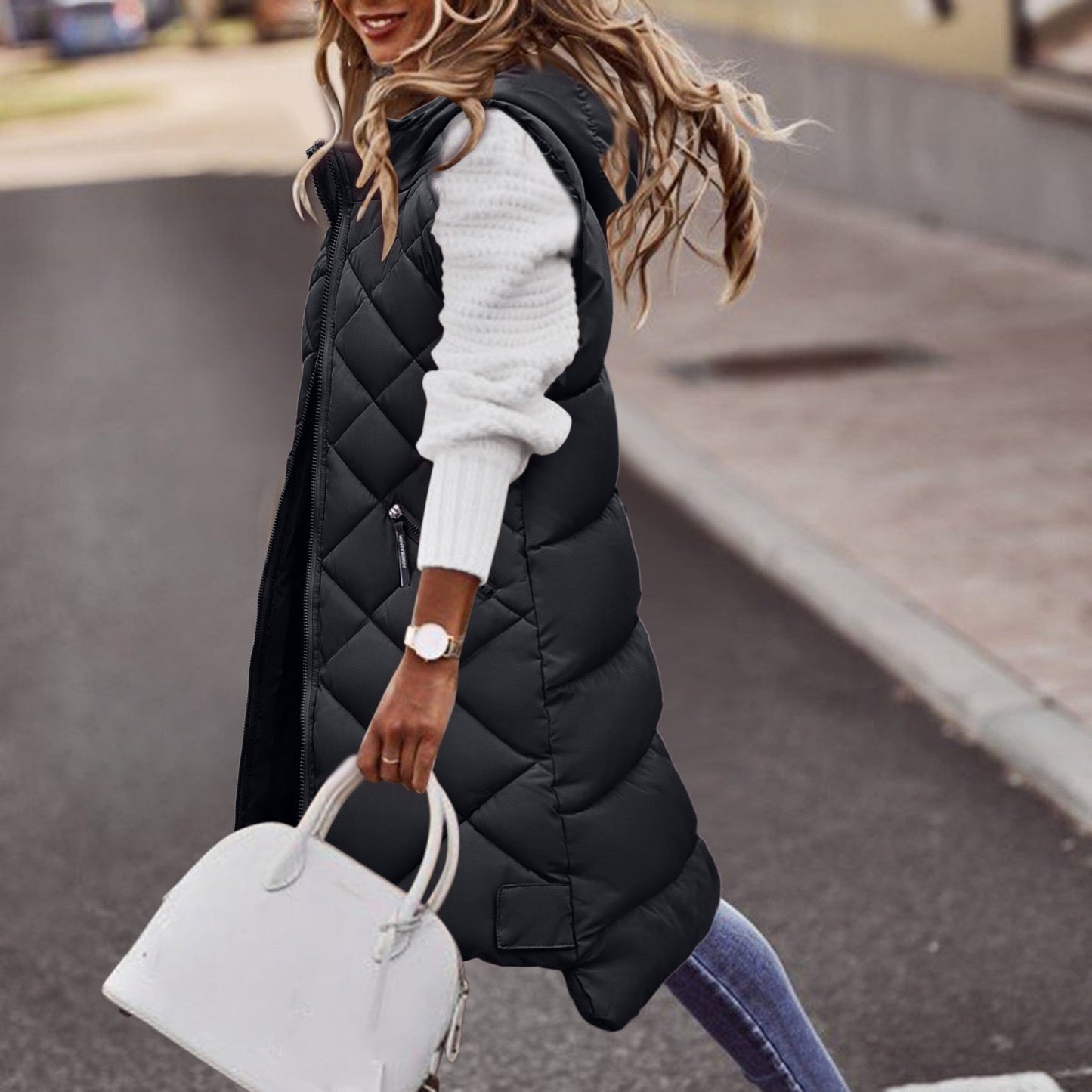 AS | Dlouhá dámská mikina s kapucí v puffer stylu