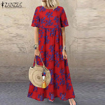 AS | 2024 ZANZEA Dámské bohémské šaty s krátkým rukávem a květinovým potiskem O Neck Holiday Kaftan Vestido Baggy Dress Letní dlouhé šaty