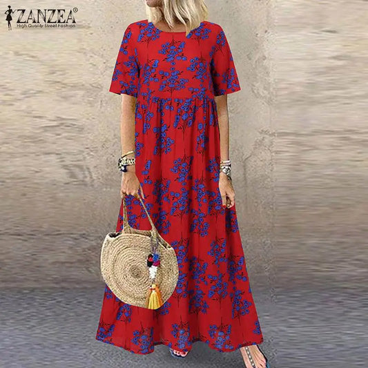 AS | 2024 ZANZEA Dámské bohémské šaty s krátkým rukávem a květinovým potiskem O Neck Holiday Kaftan Vestido Baggy Dress Letní dlouhé šaty