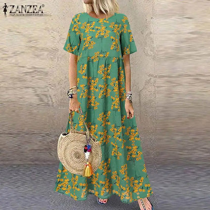 AS | 2024 ZANZEA Dámské bohémské šaty s krátkým rukávem a květinovým potiskem O Neck Holiday Kaftan Vestido Baggy Dress Letní dlouhé šaty