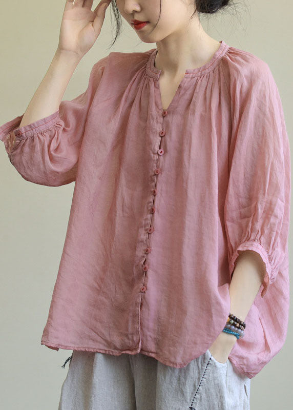 AS | Italská růžová růžová květina V-Neck tlačítko volné podzimní polovina rukávu halenka Top