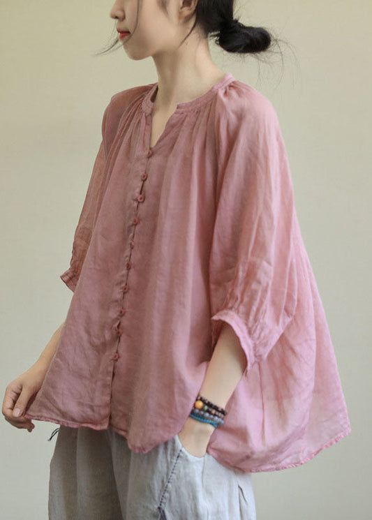 AS | Italská růžová růžová květina V-Neck tlačítko volné podzimní polovina rukávu halenka Top