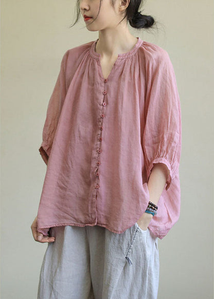 AS | Italská růžová růžová květina V-Neck tlačítko volné podzimní polovina rukávu halenka Top