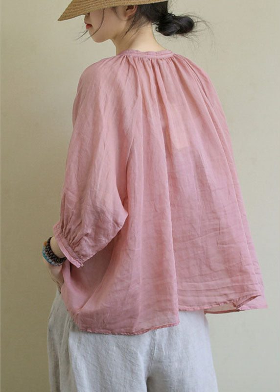 AS | Italská růžová růžová květina V-Neck tlačítko volné podzimní polovina rukávu halenka Top
