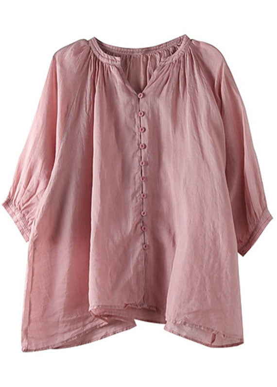 AS | Italská růžová růžová květina V-Neck tlačítko volné podzimní polovina rukávu halenka Top
