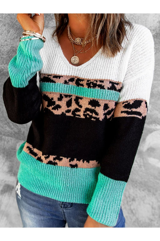 Leopard Color Block V-Neck Rib-Knit Sweater - Pullover Sweaters - FITGGINS