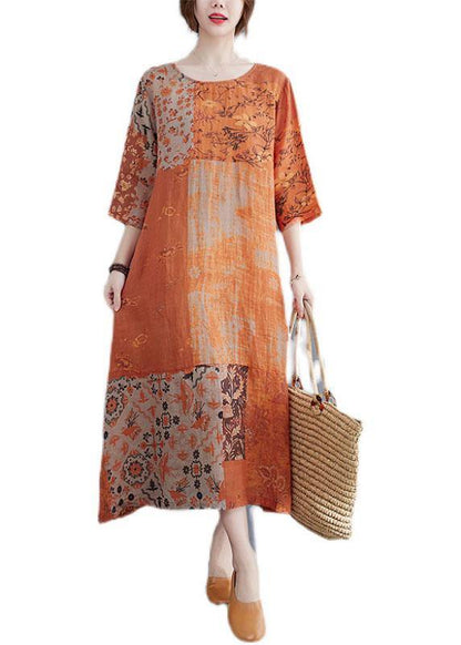 AS | Moderní barevný blok Volné O-Neck tisk Letní boční otevřené šaty s polovičními rukávy