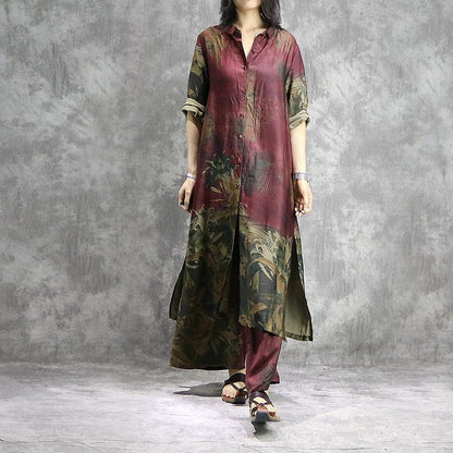 AS | Organické široké kalhoty hedvábné tuniky plus size červené potisky letní dvoudílné šaty