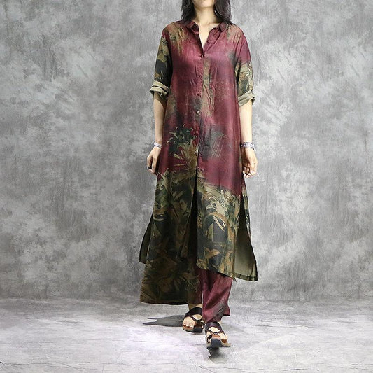 AS | Organické široké kalhoty hedvábné tuniky plus size červené potisky letní dvoudílné šaty