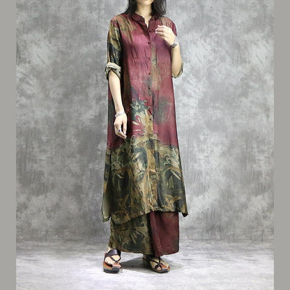 AS | Organické široké kalhoty hedvábné tuniky plus size červené potisky letní dvoudílné šaty