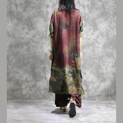 AS | Organické široké kalhoty hedvábné tuniky plus size červené potisky letní dvoudílné šaty