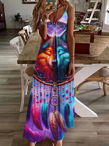 AS | 2024 Nové 3D sovy Vintage Print Sleeveless Vest Long Women Tribal Pattern Spaghetti Strap Dress Summer Long Loose Vest Dresses