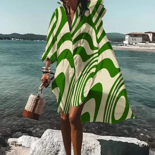 AS | Podzimní šaty 2024 Nová móda volný čas milost tištěné klopě dlouhý rukáv volné strany Beach ženy košilové šaty MsChuh