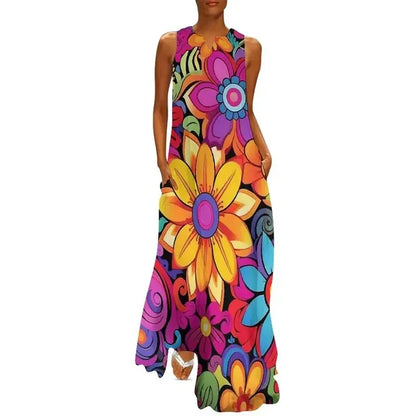 AS | Květinová síla Dámské šaty Letní retro květinový tisk Street Wear Bohemia Dlouhé šaty Dámské bez rukávů Sexy Maxi šaty Velká velikost 3XL