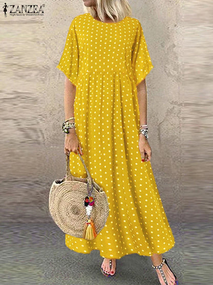 AS | ZANZEA Polka Dot dámy Midi šaty české dovolené krátký rukáv O-Neck dlouhý župan Vintage volné ležérní A-line Vestidos léto