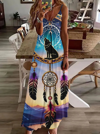 AS | 2024 Nové 3D sovy Vintage Print Sleeveless Vest Long Women Tribal Pattern Spaghetti Strap Dress Summer Long Loose Vest Dresses