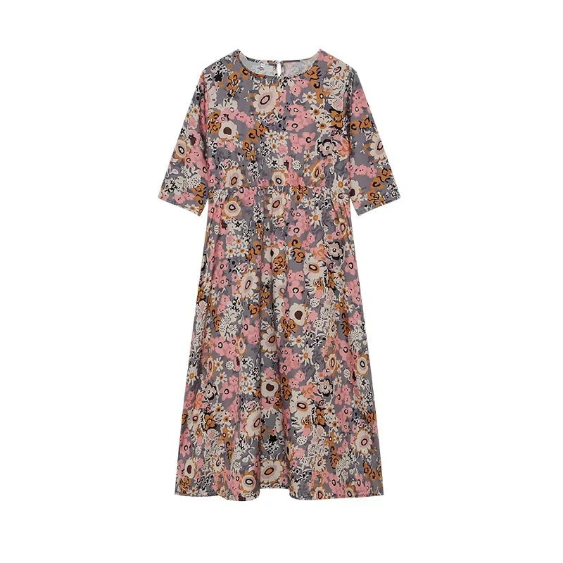 AS | 2024 Cross Border Spring and Summer Printed Round Neck Covered Head Mid Sleeves Loose Casual Bag in a Long Dress (Jarní a letní kříž s potiskem)
