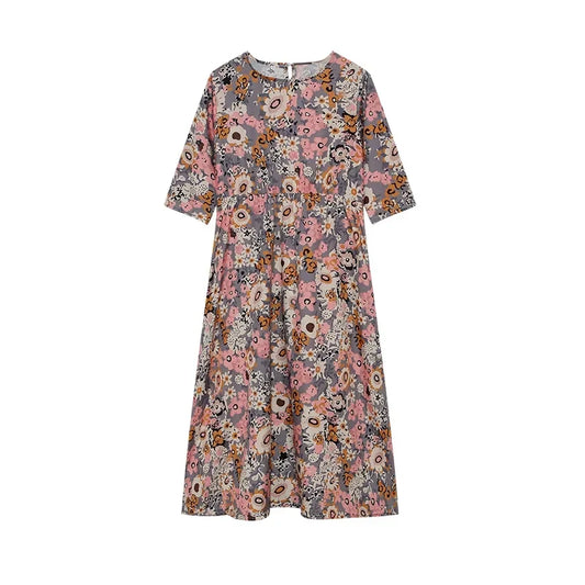 AS | 2024 Cross Border Spring and Summer Printed Round Neck Covered Head Mid Sleeves Loose Casual Bag in a Long Dress (Jarní a letní kříž s potiskem)