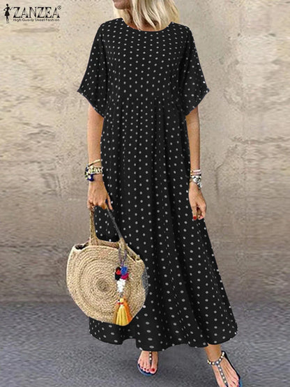 AS | ZANZEA Polka Dot dámy Midi šaty české dovolené krátký rukáv O-Neck dlouhý župan Vintage volné ležérní A-line Vestidos léto