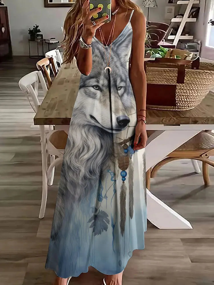 AS | 2024 Nové 3D sovy Vintage Print Sleeveless Vest Long Women Tribal Pattern Spaghetti Strap Dress Summer Long Loose Vest Dresses